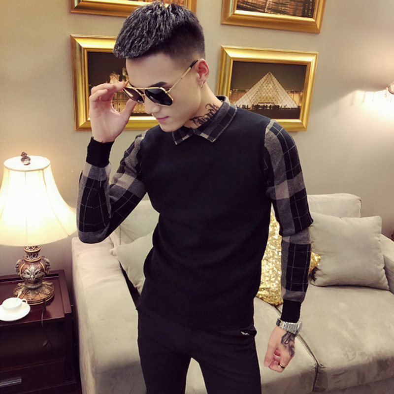 2020 autumn contrast color sweater men's Korean version of the self-cultivation fake two-piece knitted sweater casual outer wear ruffian handsome sweater trend