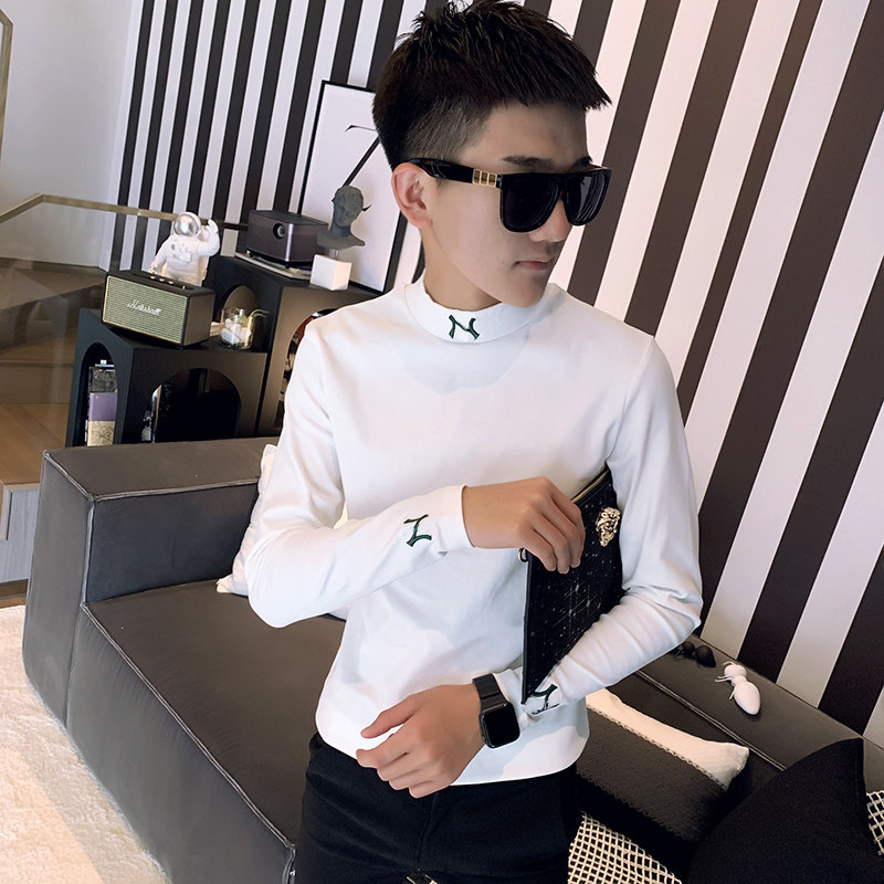 Autumn and winter men's self-cultivation trend long-sleeved T-shirt spirit boy wears a small shirt hair stylist tide brand handsome men's clothing