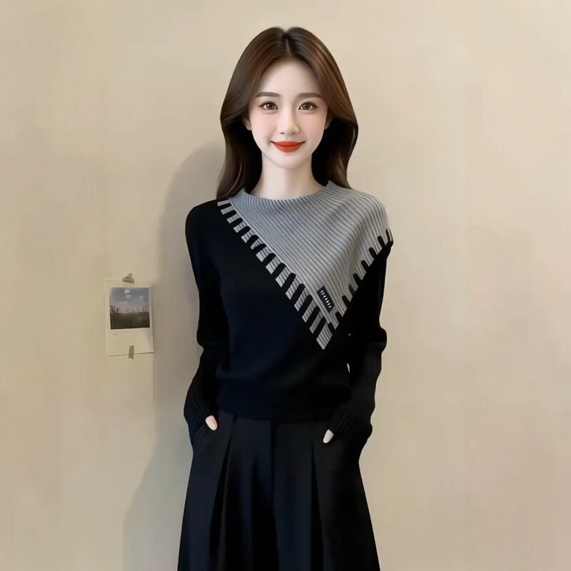 Irregular Two-Piece Style Color-Blocked Knit Sweater for Women, 2026 Autumn New Loose Slimming Base Sweater