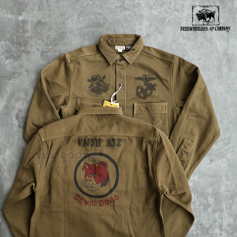 Japanese-Made Freewheelers Vintage Gemsa Devil Dog Print Long-Sleeve Work Shirt