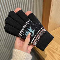 Gloves winter female deer warm and cold proof students touch screen plus thickening wool knitted cotton five fingers riding