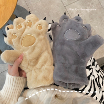 Bear palm paw gloves female winter day cute Han cartoon plush plush plus wool hairy hanging neck warm