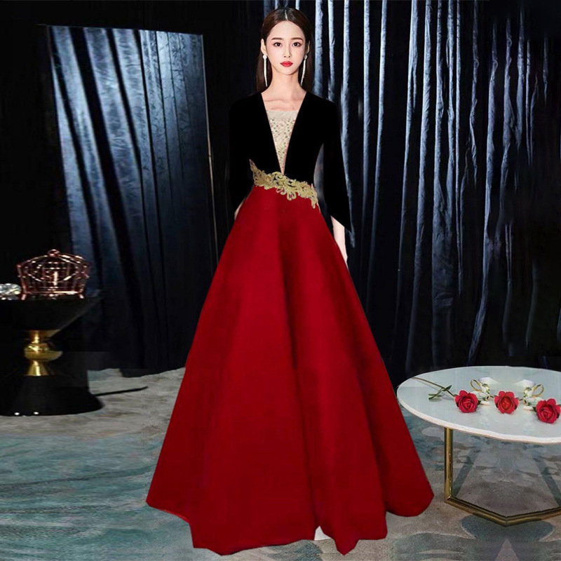 Red Choir Performance Dress for Women, Long Dress, 2026 New Style, Chinese Style Velvet, Dignified and Elegant, Host Evening Dress Red Choir Performance Dress for Women, Long Dress, 2026 New Style, Chinese Style Velvet, Dignified and Elegant, Host Evening Dress