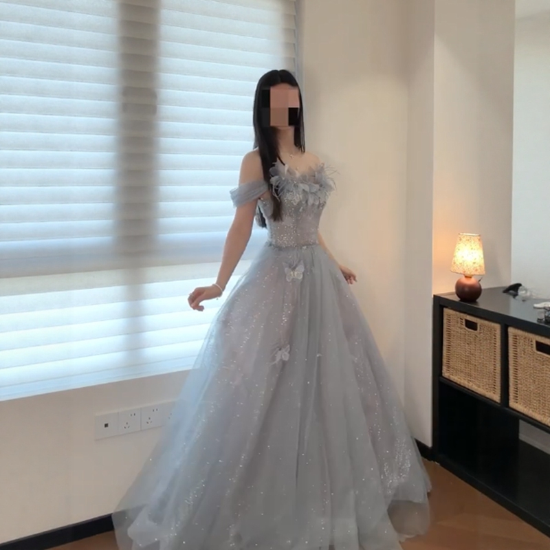 Blue One-Shoulder Evening Dress for Women, High-End Student Day Coming-Of-Age Ceremony Dress, Stunning Sparkling Princess Dress, Long Style Blue One-Shoulder Evening Dress for Women, High-End Student Day Coming-Of-Age Ceremony Dress, Stunning Sparkling Princess Dress, Long Style