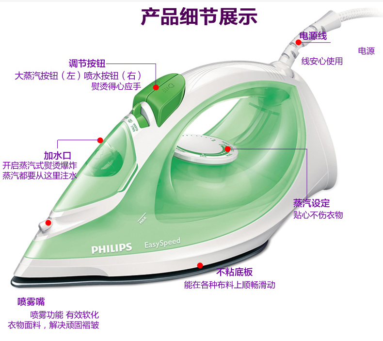 Bàn ủi hơi nước Philips cầm tay GC1434 hiệu quả chống nhăn 1700W phủ tấm chống dính chính hãng bàn là hơi nước bluestone