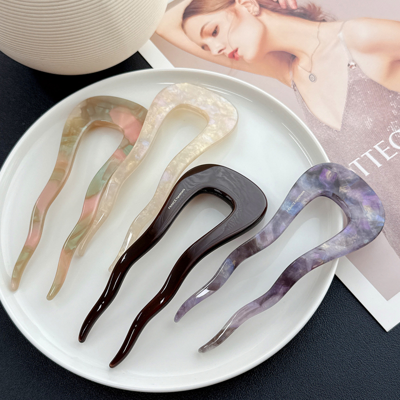 Super Strong Lazy Hair Styling U-Shaped Hairpin Korean Small Gold Label Genuine Large Acetate Wavy Hairpin French Hairpin