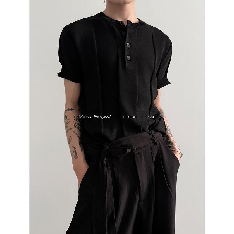 Very Fewest American Vintage Henry Collar Pullover Short-Sleeved Knitwear Summer Work Clothing Fashionable Top Very Fewest American Vintage Henry Collar Pullover Short-Sleeved Knitwear Summer Work Clothing Fashionable Top