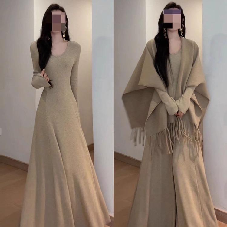 Французское вязаное платье с v-образным вырезом и длинными рукавами, женское осеннее новое стильное платье с темпераментной талией для горячих девушек, приталенная длинная юбка трапециевидной формы