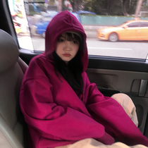 Wang maiden shop 2021 spring and autumn dragon fruit color hooded sweater loose Korean bf lazy wind rose red coat