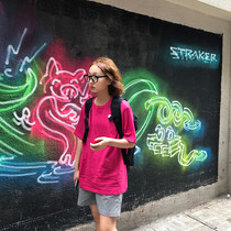 Wang Maidens shop cotton linen T-shirt short sleeve spring and summer 2021 New half sleeve loose Rose Red Green white shirt