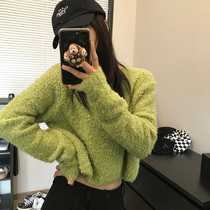 Wang Maidens shop short sweater autumn and winter coffee Green retro soft glutinous Japanese lazy gentle wind loose top