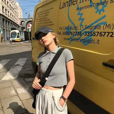 Wang girl's store short polo 2021 spring and summer new short-sleeved T-shirt high waist umbilical gray top