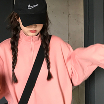 Wang maiden shop pink sweater 2021 Spring and Autumn New loose Korean round tall collar long sleeve thin coat