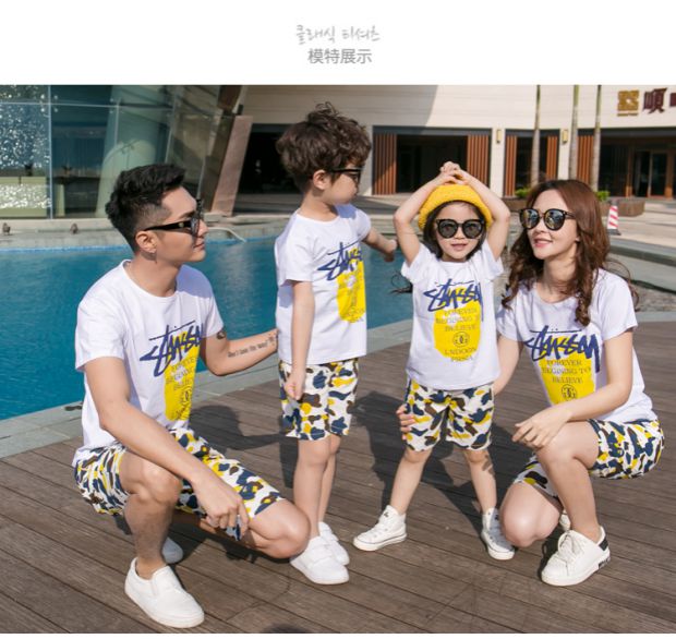 Bãi biển đặt gia đình bên bờ biển khu nghỉ dưỡng Sanya quần áo du lịch mặc giản dị mùa hè gia đình cha-con quần áo em bé