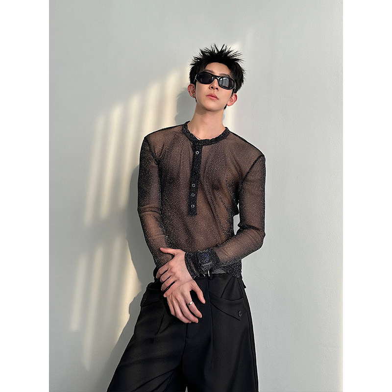 Stage Mesh Long-Sleeve Singer See-Through T-Shirt Men's Sexy Nightclub Outfit Shiny Breathable Mesh Base Shirt Performance Clothing