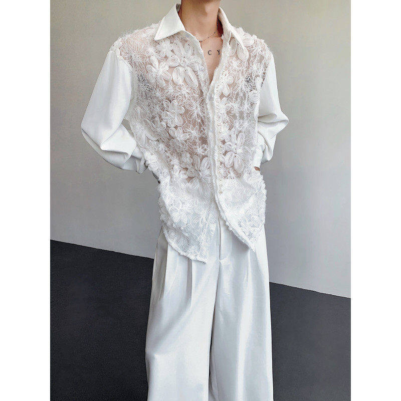 Spring and Summer Niche Hollow-Out Three-Dimensional Floral Patchwork Pearl Fashionable Design Men's Long-Sleeve See-Through Trendy Shirt
