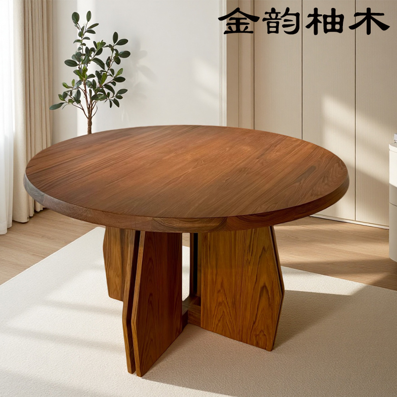 Burmese Teak Round Dining Table, Old Teak Pure Natural Wood Round Table, Vintage Wabi-Sabi Style, Home Villa Large Slab Table