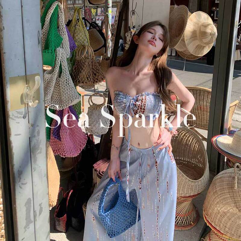Thai-Style Coconut Blue ins Summer Thai Island Light Blue Printed Strapless Two-Piece Wide-Leg Pants Vacation Photo Shoot Swimsuit Thai-Style Coconut Blue ins Summer Thai Island Light Blue Printed Strapless Two-Piece Wide-Leg Pants Vacation Photo Shoot Swimsuit
