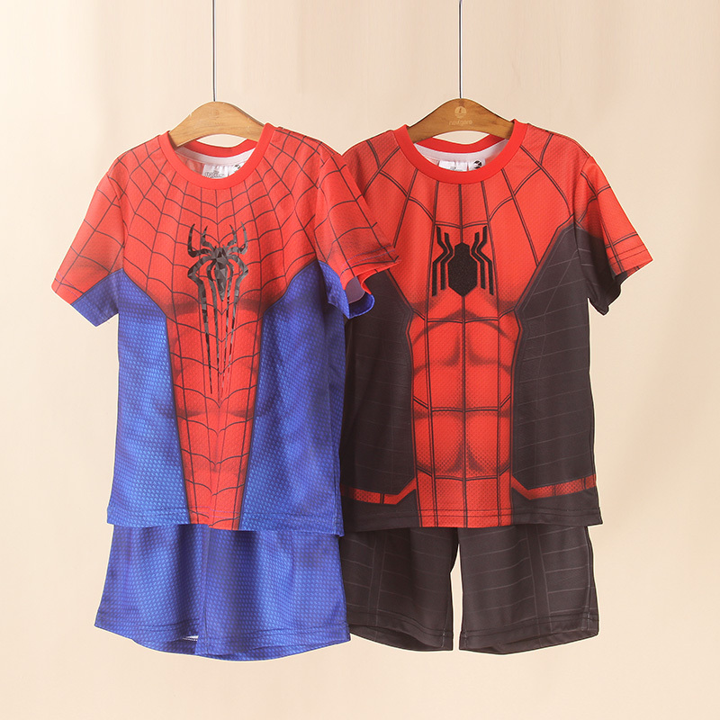 Marvel Genuine Spider-Man Transformation Summer Short-Sleeved Suit for Boys, Breathable Hooded Boys' Shorts, Classic Cool Feel