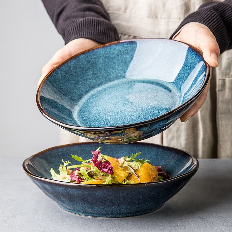 Sydney Blue Irregular Art Plate for Home Use, European-Style Ceramic Dinner Plate, Vintage Style Shallow Bowl, Kiln-Fired Blue