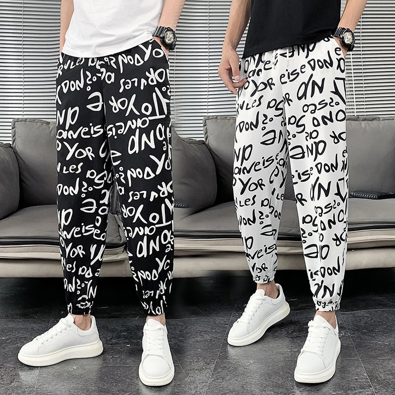 Trendy Letter Print Summer Thin Loose Jogger Elastic Waist Men's Cool Nine-Point Casual Pants Mosquito-Proof Pants