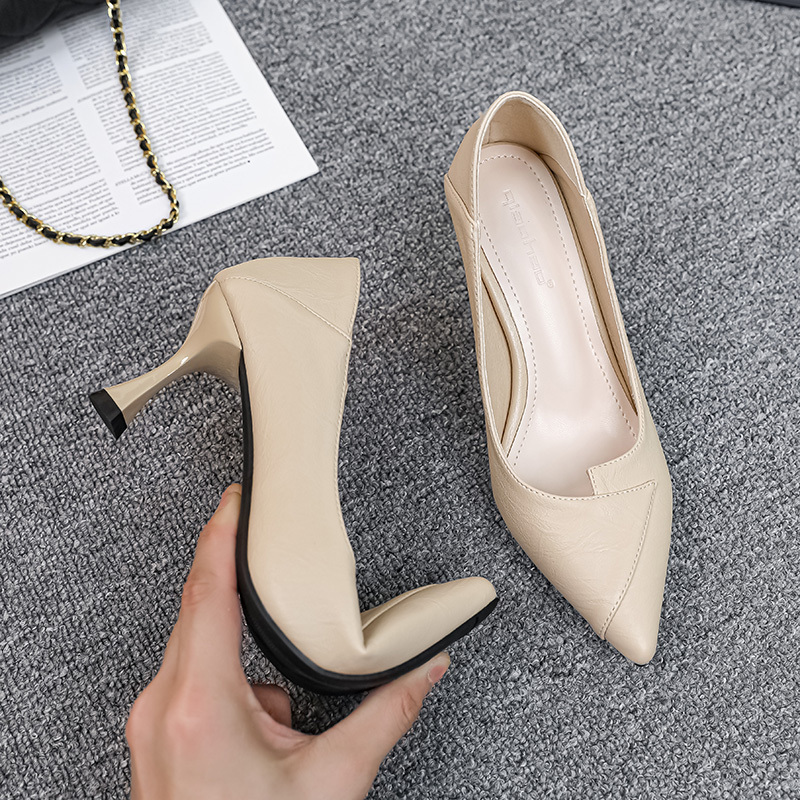 French-Style Soft Leather High-Heeled Shoes, Feminine Pointed-Toe Stiletto Shoes That Are Not Tiring for the Feet, Apricot-Colored Professional Work Shoes, Small Size Women's Shoes