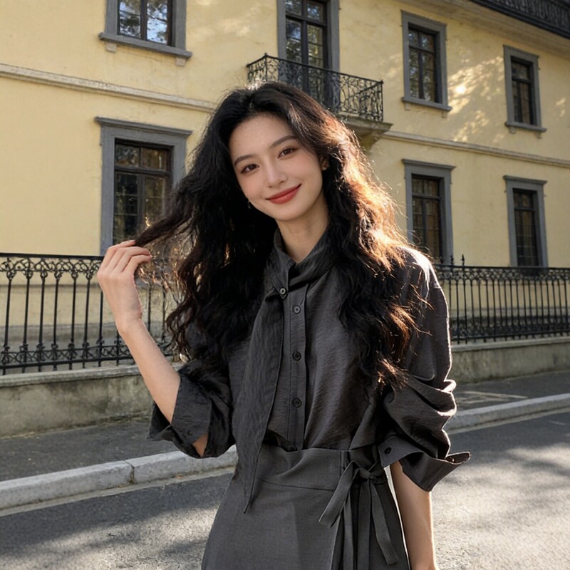 Gray Scarf-Collar Tie-Up Long-Sleeve Shirt for Women, Spring and Autumn, Sophisticated Workplace Commute Style, Unique and Distinctive Top