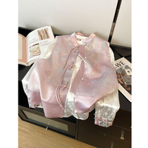 New Chinese light national wind shirt matched with horse chia two sets womens spring design temperature sensitive soft satin face disc buckle jacquard blouses