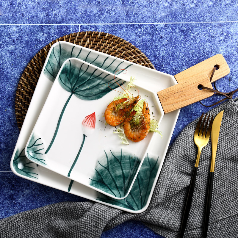 Chinese style hand - drawn Western steak plate Hotang lunar tableware snack wooden handle pizza plate