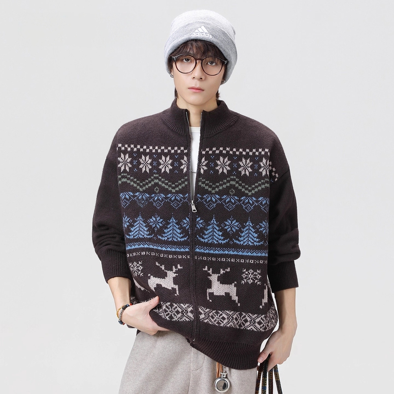 Miu Style Fair Isle Sweater Cardigan Jacket Men's Autumn and Winter Ethnic Style Sweater American Style Stand Collar Knitted Jacket
