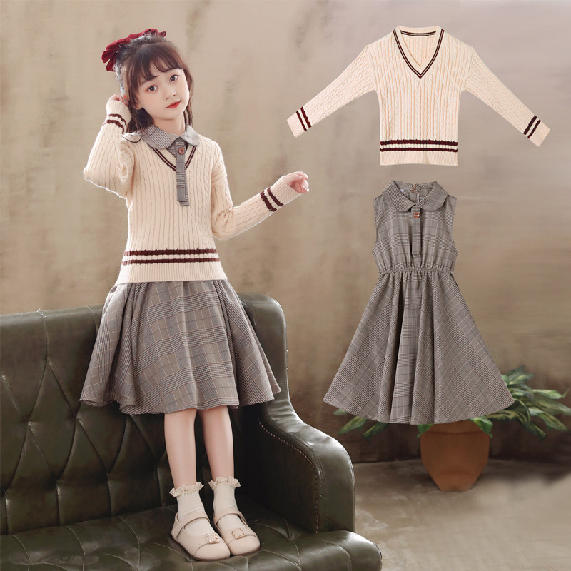 Girls sweater dress two-piece spring and autumn new children's early autumn Korean version of the princess skirt preppy skirt children's clothing