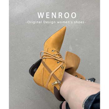 Niche pointed toe lace-up special-shaped high-heeled boots for women 2025