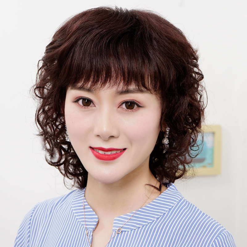 Wig short hair lady True hair full real person Chemo After Chemotherapy Bald Hair Short Curly Hair Hot Hair Summer Middle Aged Whole Headgear