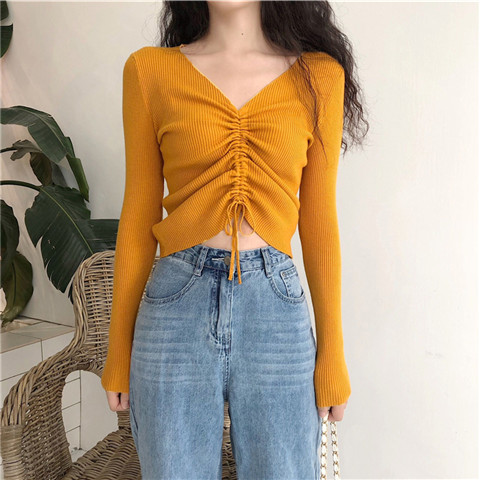 Mùa xuân và mùa thu mới phiên bản Hàn Quốc của áo cổ chữ V đan đáy tự nhiên áo len tự nhiên áo thun áo thun dây rút tay dài áo sơ mi nữ áo khoác len cardigan