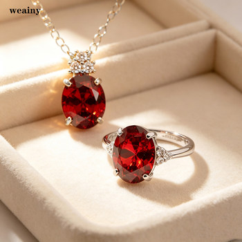Natural garnet ring necklace set sterling silver gold-plated pendant basic simple ring live mouth female certificate
