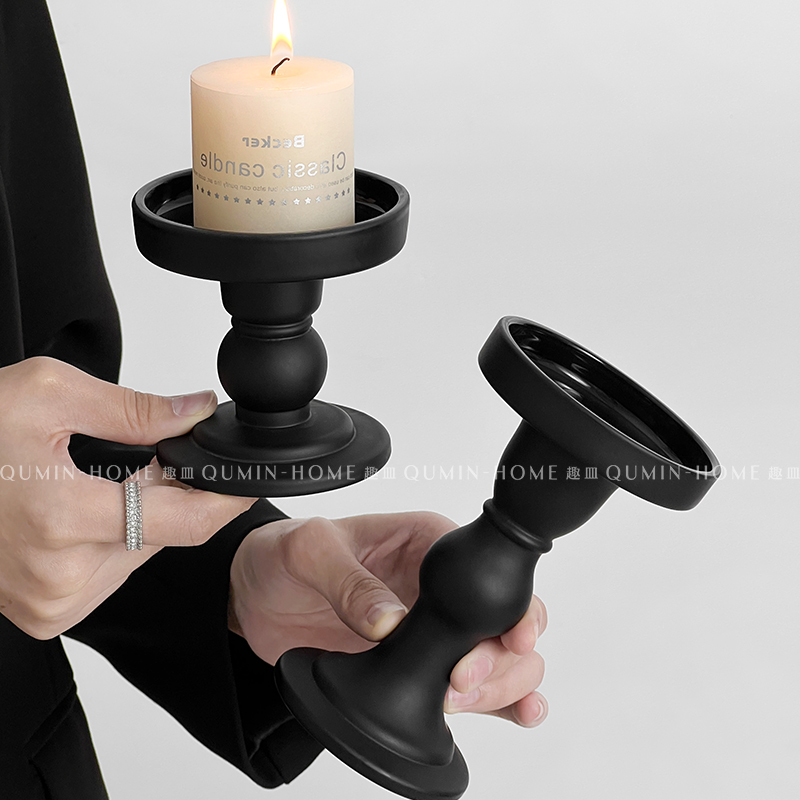 Qudian レトロ黒曜石ローマコラムキャンドル燭台ガラス装飾品ホームハイエンドアロマセラピーベースライト高級