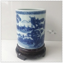 Value recommended Jingdezhen ceramics hand-painted antique mixed water blue and white landscape pen holder circle full storage ornaments