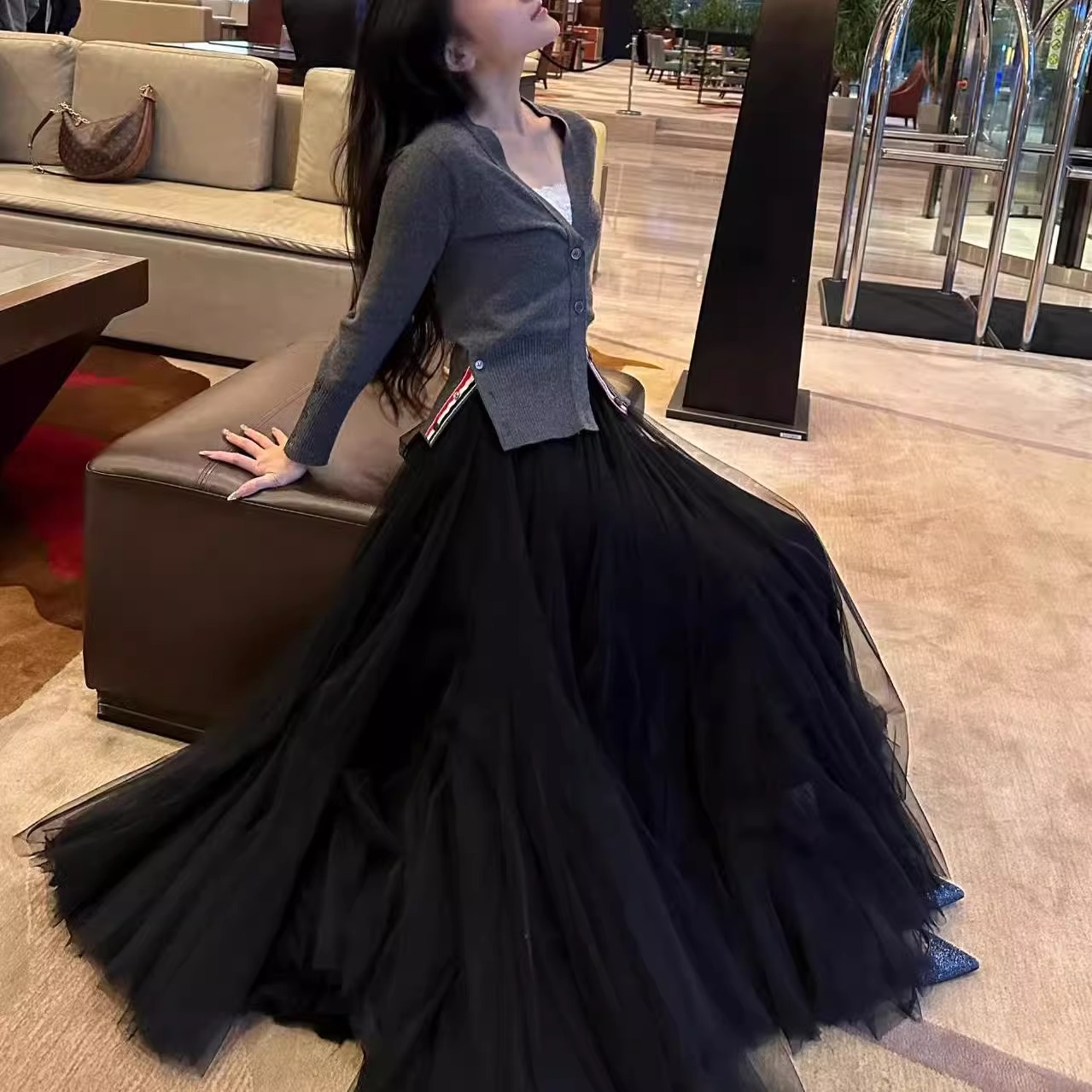 2025年春夏新作 メッシュスカート チュチュスカート ハイウエスト スリム フェアリー ガーゼスカート ロングスカート ビッグスイング Aラインスカート