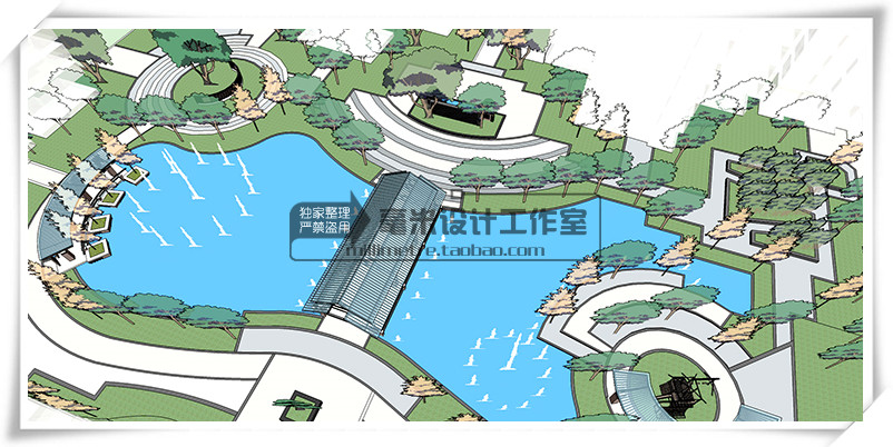 T74 广场公园景观设计su模型新中式欧式园林滨水游园绿地...-4