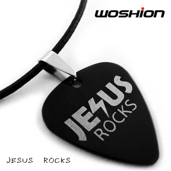 Woshion Titanium Steel Personality Rock Guitar Pick Necklace JESUS ​​ROCKS Jesus is the Rock
