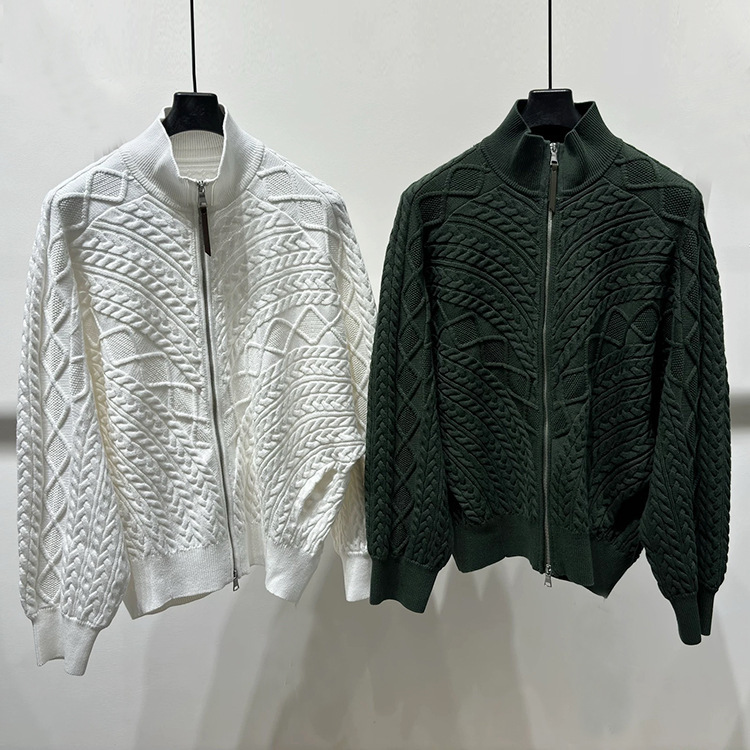 Men's New Spring Style Cable Knit Lantern Sleeve Zip-Up Stand Collar Casual Loose Knit Cardigan Sweater Jacket 1314170