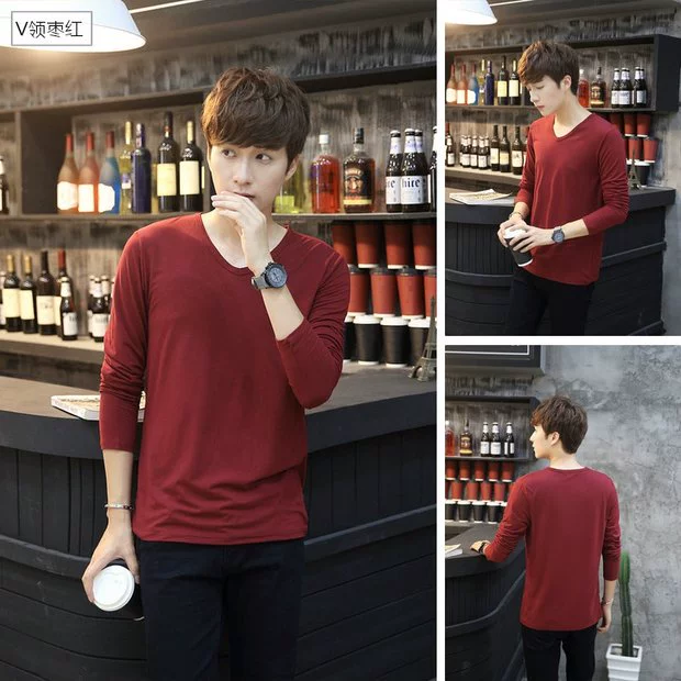 v cổ áo rắn màu mỏng chạm đáy áo sơ mi thanh niên béo cộng với nhung cộng với size cộng nhung dày mùa thu và áo thun nam dài tay