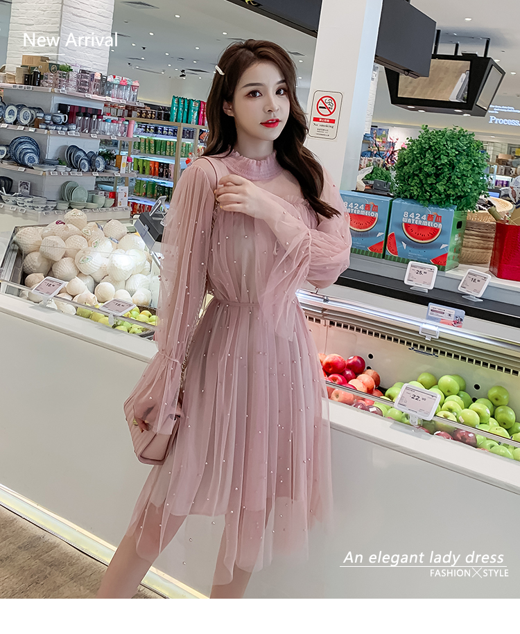 VK旗艦店 韓國風名媛性感木耳邊高領網紗釘珠長袖洋裝