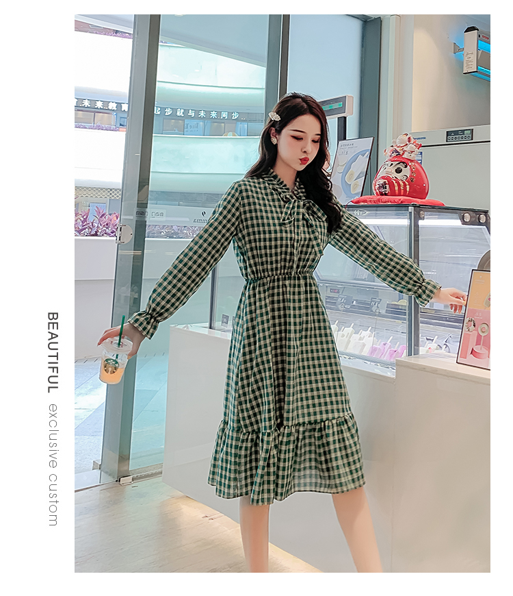 VK旗艦店 韓系優雅復古系帶蝴蝶結格紋收腰長袖洋裝