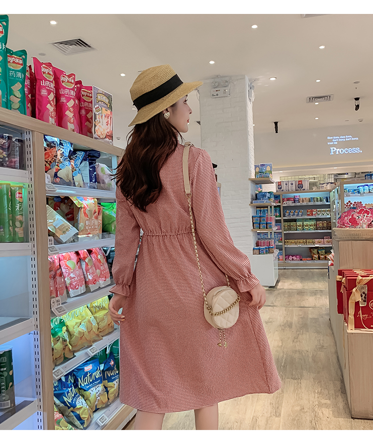 VK旗艦店 韓系復古立領收腰顯瘦小格紋喇叭長袖洋裝