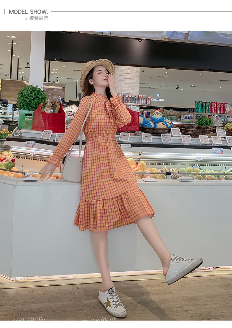 VK旗艦店 韓系優雅復古系帶蝴蝶結格紋收腰長袖洋裝