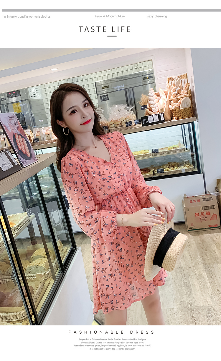 VK旗艦店 韓系名媛V領碎花雪紡收腰清新短版長袖洋裝