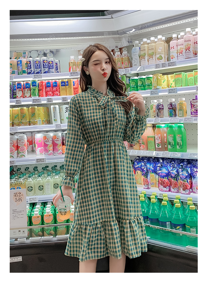 VK旗艦店 韓系優雅復古系帶蝴蝶結格紋收腰長袖洋裝