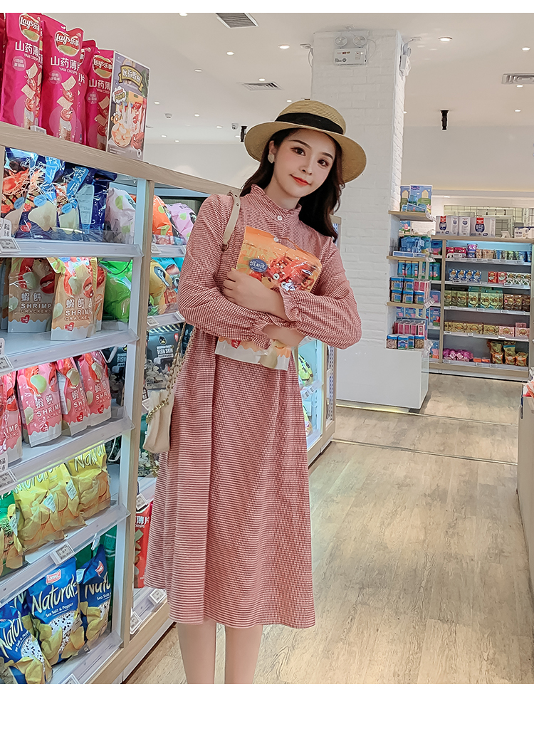 VK旗艦店 韓系復古立領收腰顯瘦小格紋喇叭長袖洋裝