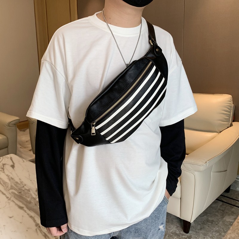 Hong Kong men's new trendy stripes Purse Strings Fashion Single Shoulder Bag Chest Bag Personality Movement Skew Cross Pack Men's Bag